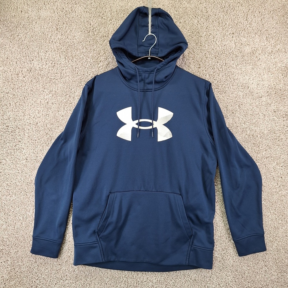 Under Armour Hoodie Mens Large Blue ColdGear Armour Fleece Big Logo Gym Active